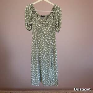 Preowned Hesperus Green Floral Puff Sleeve Midi A-Line Dress Juniors Large